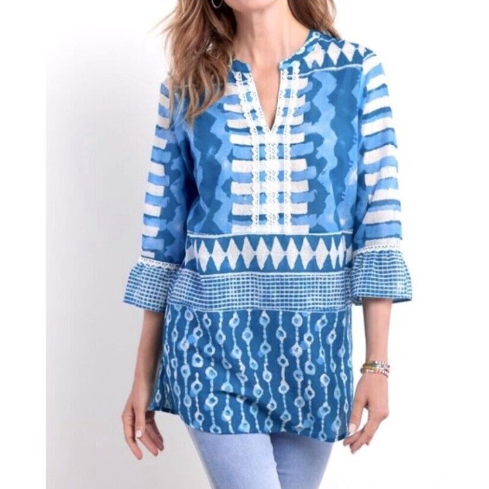 Soft Surroundings 'Lusi' Blue and White Cotton Tunic Top - Size M